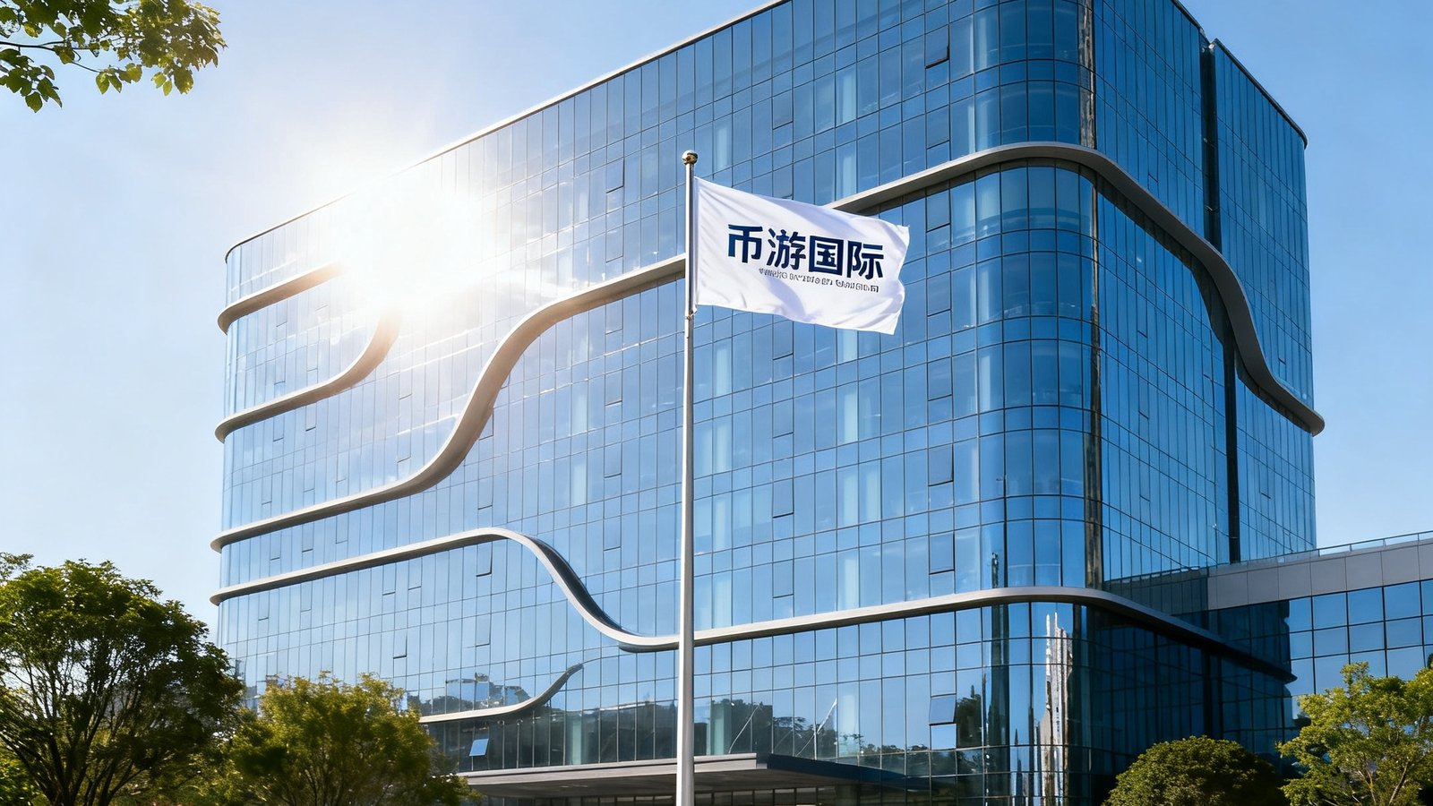 币游国际深圳总部办公大楼外景，现代化的玻璃幕墙建筑在阳光下熠熠生辉，楼前旗杆上飘扬着公司旗帜，周围绿植环绕，展现出一家蓬勃发展的体育产业集团形象。