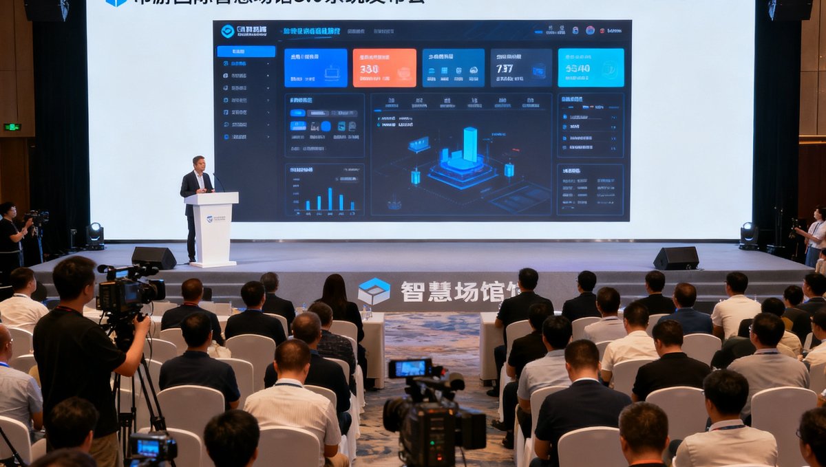 币游国际智慧场馆3.0系统发布会现场照片，讲台上摆放着大型显示屏展示系统界面，台下坐满行业嘉宾和媒体记者。