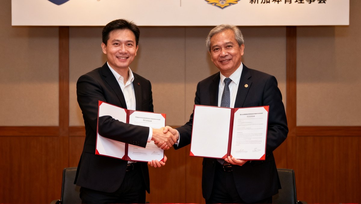 币游国际代表与新加坡体育理事会官员在签约仪式上握手合影，双方交换签署的合作备忘录文本。