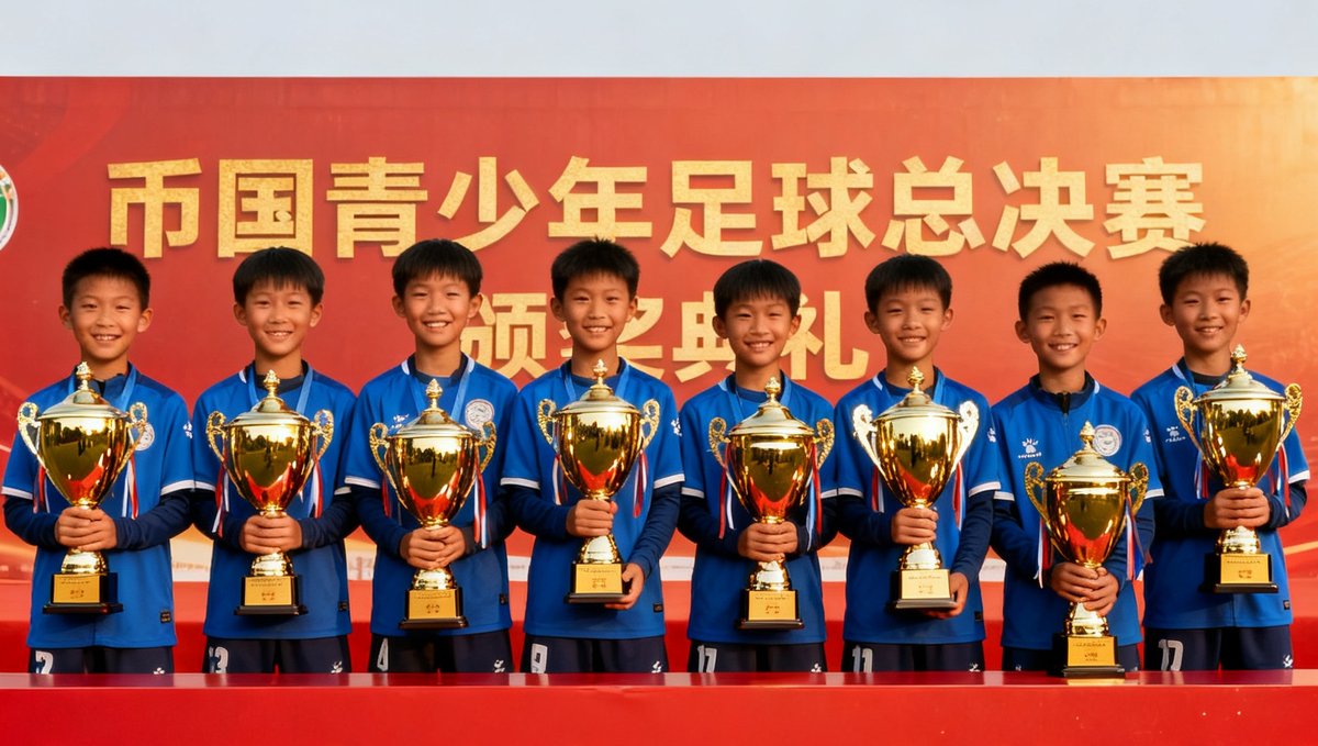 币游青训学员在全国青少年足球总决赛颁奖典礼上手捧奖杯合影，孩子们脸上洋溢着自豪的笑容。