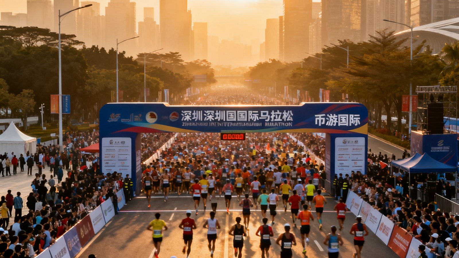 深圳国际马拉松比赛现场，数万名跑者从起跑线涌出，赛道两旁站满热情观众，城市天际线在晨光中若隐若现，币游国际的赛事工作人员穿着统一制服在现场调度。